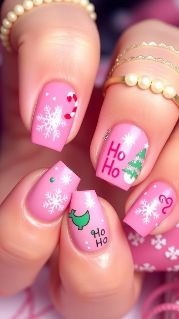 Festive pink Christmas nails with snowflakes, trees, and 